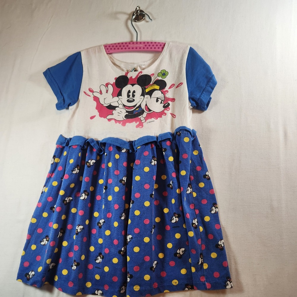 Vintage 80s Mickey Stuff Kids Disney Mickey Minnie Polka Dot Dress Blue Girls